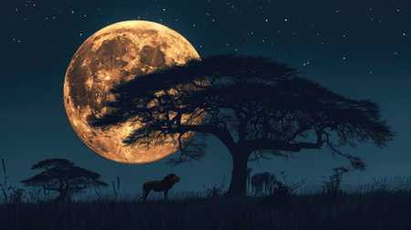 Full moon over african savanna with a lion and a treeの素材