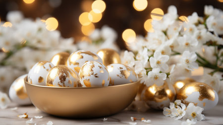 Golden Easter eggs with flowers on table against blurred lights, closeupの素材
