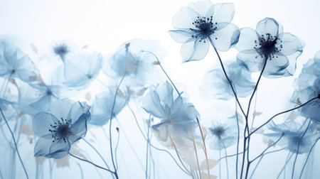 blue poppies on white background, soft focus, tonedの素材