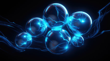 3d illustration of blue balls with glowing particles on black background.の素材