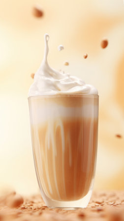 Coffee in a glass with splashes on a brown backgroundの素材