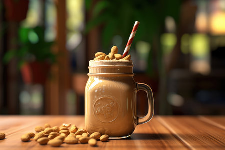 Mason jar with tasty coffee and nuts on wooden table in cafeの素材