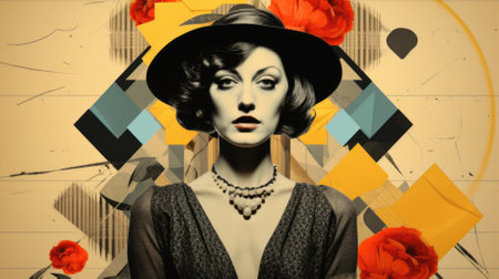 Portrait of a beautiful young woman in retro style. Beauty, fashion.の素材