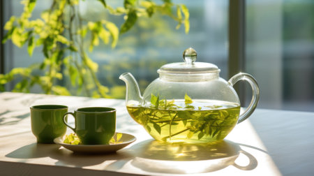 green tea in a glass teapot on a wooden table near the windowの素材