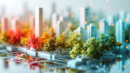 Miniature city with buildings, skyscrapers and trees 3d renderの素材