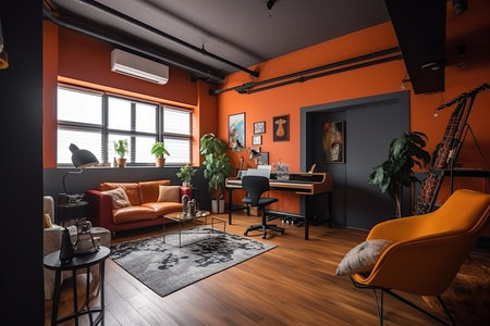 Modern loft apartment with large windows, cozy living area, and industrial decor, AI generatedの素材