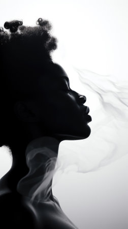 Silhouette of young black woman with wind effects, nature connection concept, AI generatedの素材
