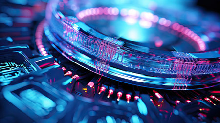 Close-up of futuristic glowing microchip with blue and pink lights, background, AI generatedの素材