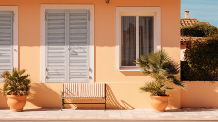 Mediterranean house exterior with potted plants and chair in sunlight, AI generatedの素材