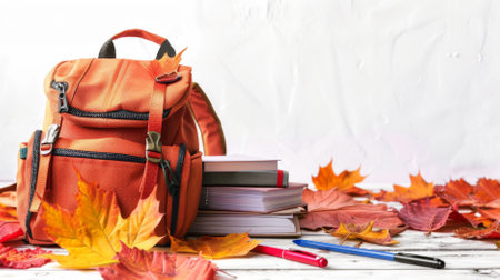 Back to school supplies with books, backpack and autumn leaves on white background, AI generatedの素材