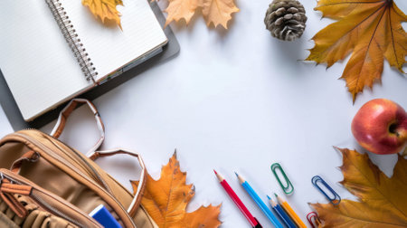 Back to school supplies with books, backpack and autumn leaves on white background, AI generatedの素材