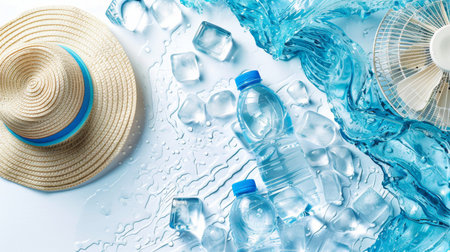 Summer heat danger concept. Water splashes, fan, hat, ice cubes and bottled water, AI generatedの素材