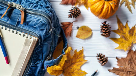Back to school supplies with books, backpack and autumn leaves on white background, AI generatedの素材