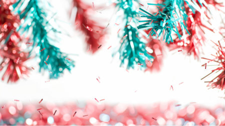 Christmas decorations with red and blue tinsel against a bokeh background, AI Generatedの素材