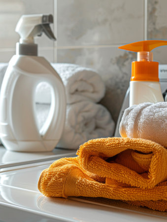 Laundry room with washing machine, detergent bottle and folded clothes, background, AI Generatedの素材
