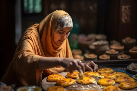 Middle-aged woman in traditional clothing preparing food in kitchen, concept of culinary tradition, AI generatedの素材