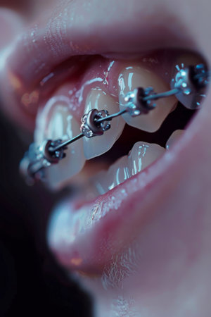 Close-up braces on teeth, dental care and orthodontics concept, AI generatedの素材