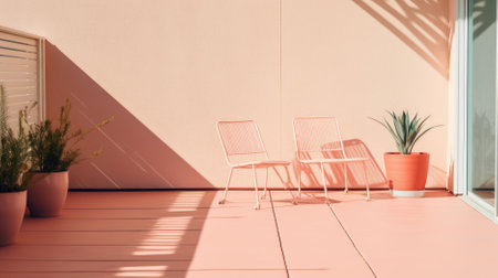 Pink lounge chairs on sunny terrace background, AI Generatedの素材
