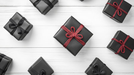 Black gift boxes with red and black ribbons on white wooden background, AI Generatedの素材