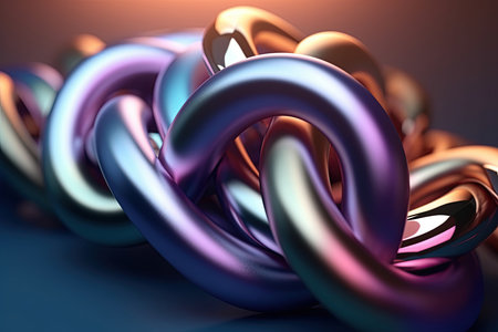Abstract interconnected metallic rings on gradient background, AI generatedの素材