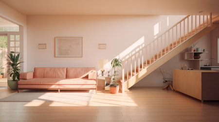 Living room with peach fuzz color sofa, chair and houseplants, background, AI Generatedの素材