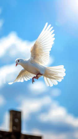 Holy spirit symbol, white dove flying over wooden cross with blue sky background, AI generatedの素材