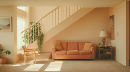 Living room with peach fuzz color sofa, chair and houseplants, background, AI Generatedの素材