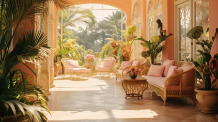 Cozy outdoor terrace with lush tropical plants and pink furniture, AI generatedの素材
