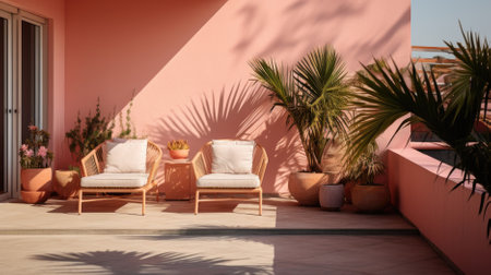 Modern living room with wooden furniture and indoor plants, concept minimalist decor, background, AI Generatedの素材