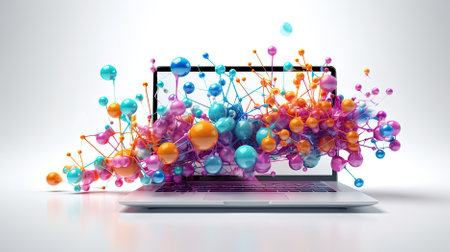 Colorful abstract design emerging from laptop screen on white background, AI Generatedの素材