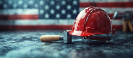 Construction helmet and hammer on ground with American flag background, AI Generatedの素材