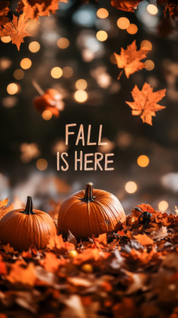 Pumpkins and autumn leaves with lights fall concept background, AI Generatedの素材