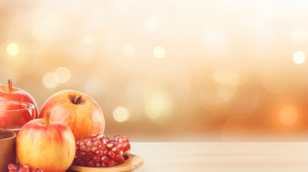 Rosh hashanah jewish holiday background with Apples, honey, pomegranates and copy space, AI Generatedの素材