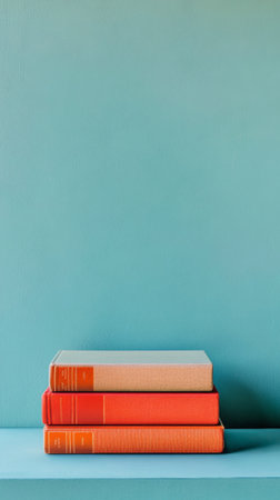 Stack of books on blue surface with blue background, AI Generatedの素材