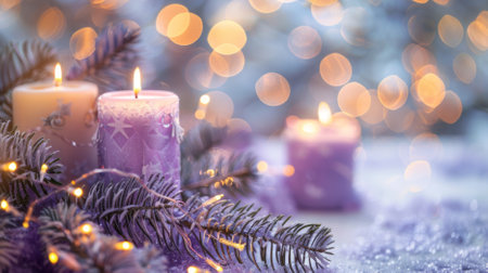 Candle on christmas tree branch with purple lights and blurred background, AI Generatedの素材