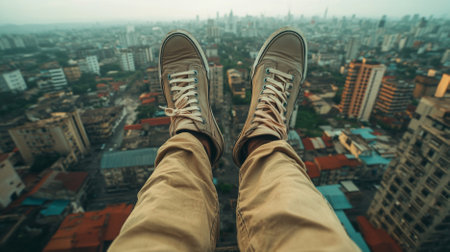 POV, Person legs dangling over city with tall buildings seen from above, AI Generatedの素材