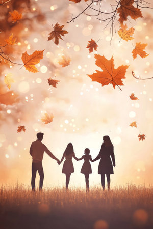 Silhouette of a family holding hands in an autumn background, AI generatedの素材