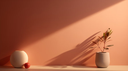 Minimalist interior design details against peach fuzz colored wall, background, AI Generatedの素材