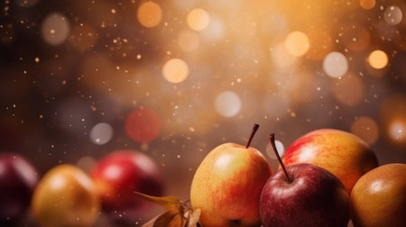 Ripe apples with leaves on orange bokeh background, concept of freshness, AI Generatedの素材