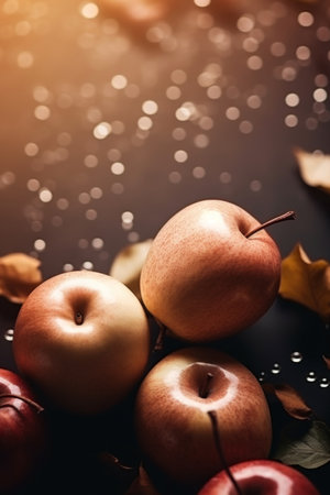 Ripe apples with leaves on orange bokeh background, concept of freshness, AI Generatedの素材