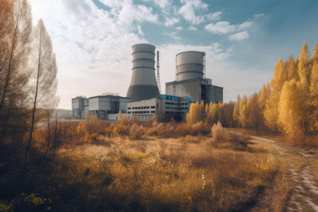 Nuclear power plant in natural landscape background, AI Generatedの素材