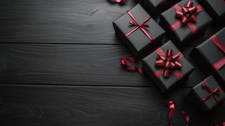 Gift boxes with red ribbons on black wooden background, copy space, AI Generatedの素材