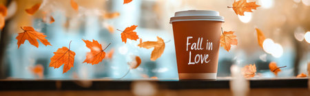 Coffee cup with Fall in Love text surrounded by autumn leaves on blurred background, AI Generatedの素材