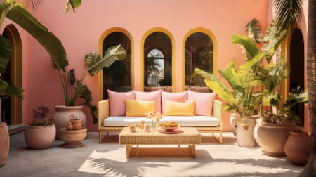 Modern living room with wooden furniture and indoor plants, concept minimalist decor, background, AI Generatedの素材