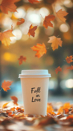 Coffee cup with Fall in Love text surrounded by autumn leaves on blurred background, AI Generatedの素材