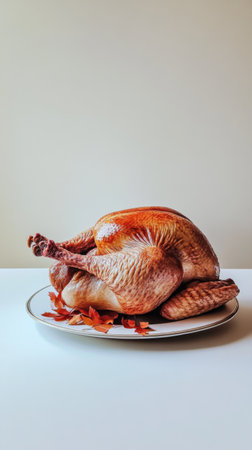 Roasted turkey placed on plate with vegetables on neutral background, AI Generatedの素材