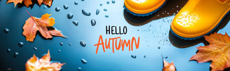 Autumn leaves falling on rainy background with yellow boots and text hello autumn, AI Generatedの素材