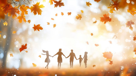 Silhouette of a family holding hands in an autumn background, AI generatedの素材