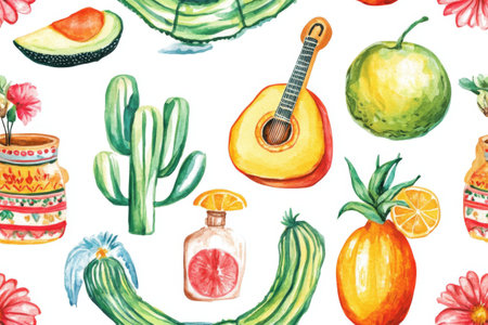 Colorful hispanic heritage month pattern with parrots, flowers, guitar on white background, AI Generatedの素材