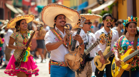 Festive street scene with smiling people in traditional Mexican clothing singing and dancing, AI generatedの素材